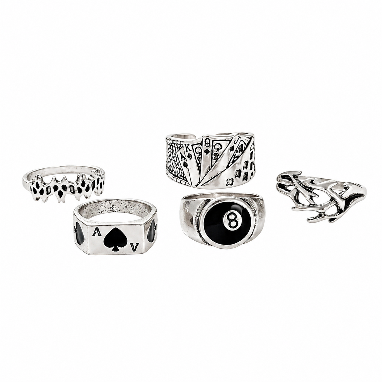 Set of five silver rings with various designs on a white background