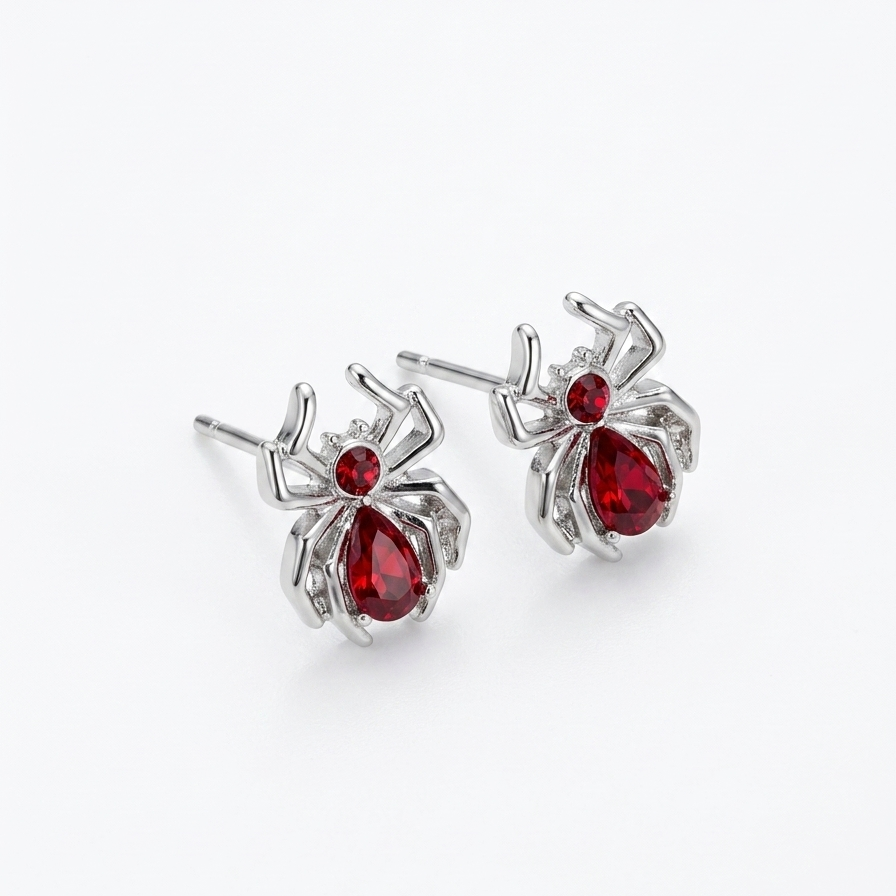 Gothic Spider Red Crystal Stud Earrings  - Women