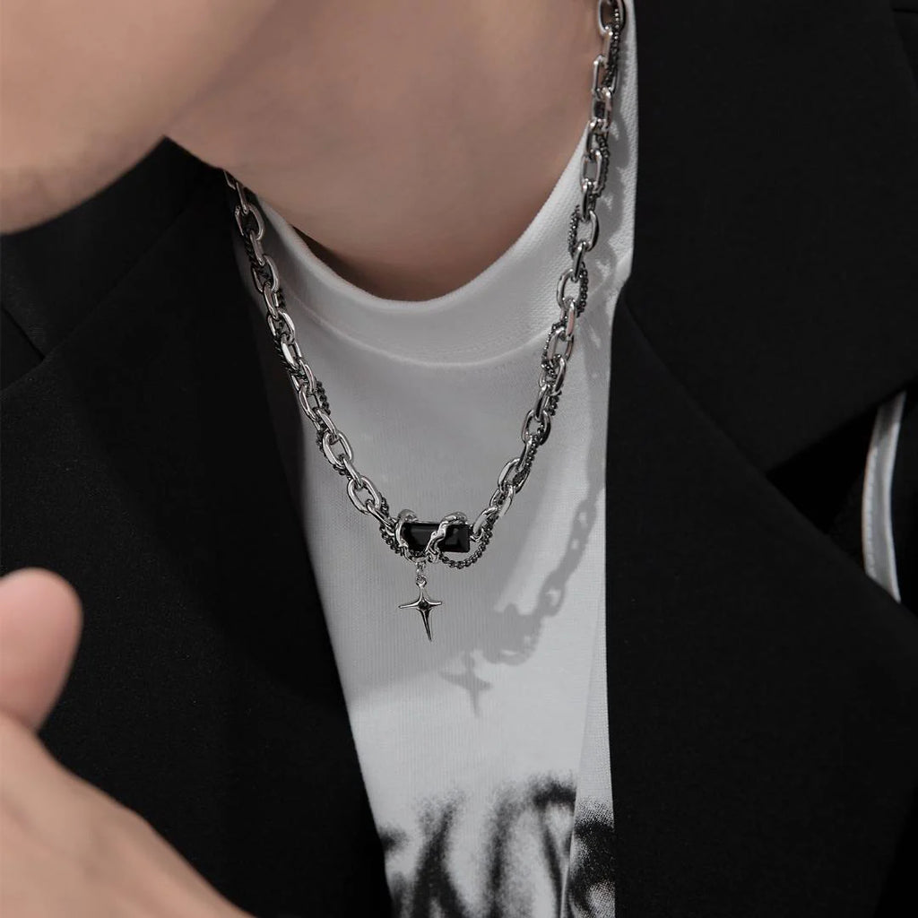 Obsidian Star Double Layered Necklace - Unisex