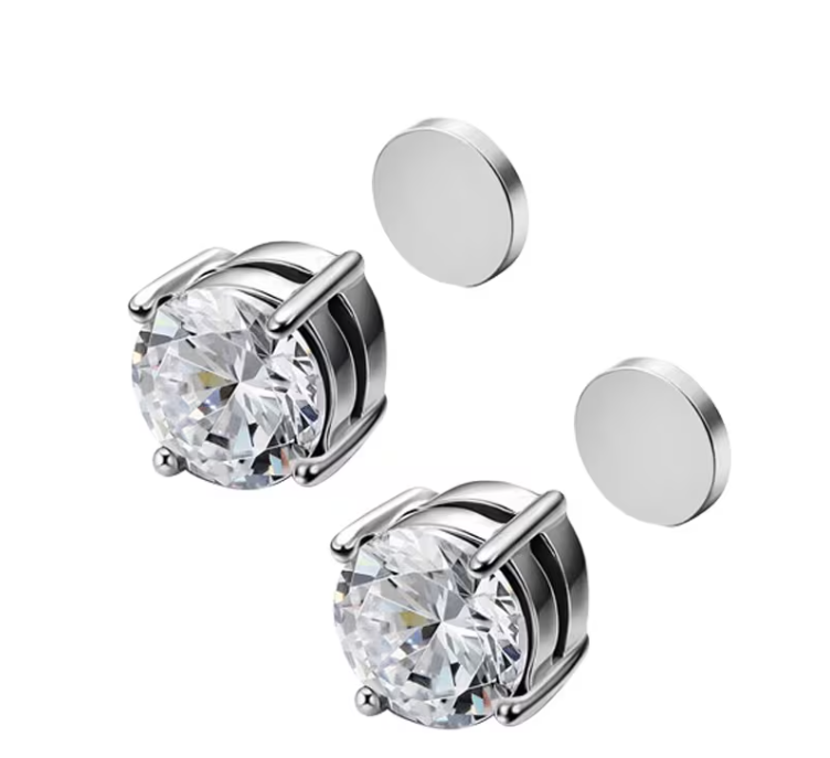 Magnetic Silver Solitaire Studs Earring - Unisex